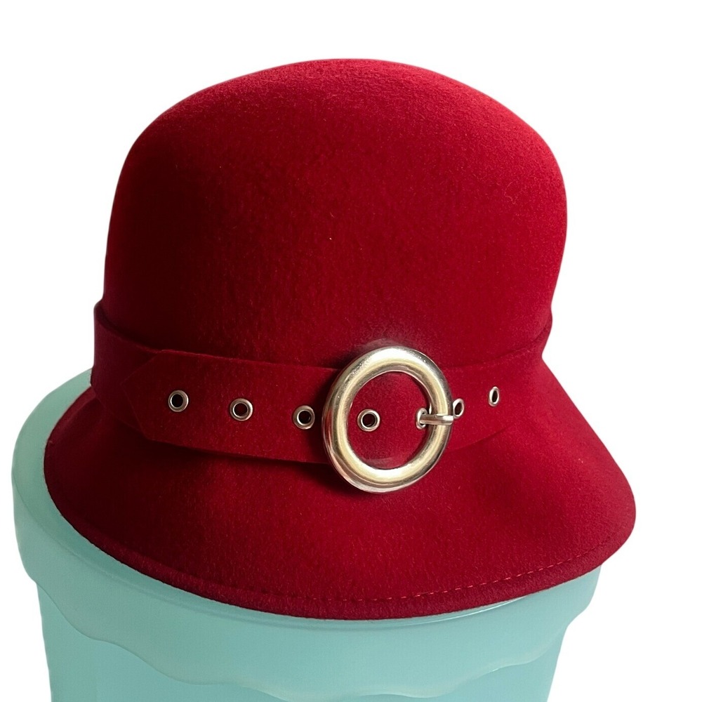 Vintage Style Red 100% Wool Cloche Hat with Silver Buckle Detail